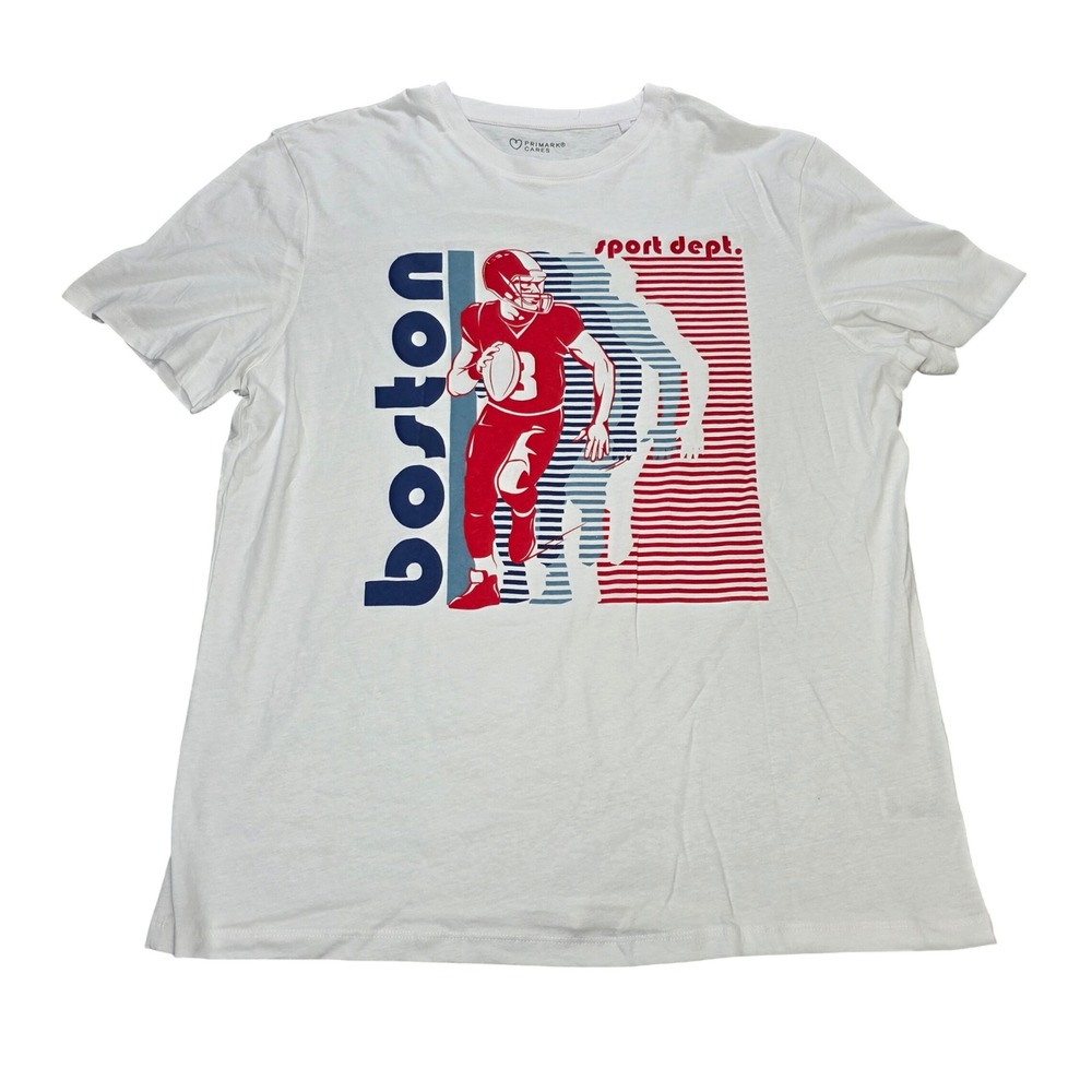 Primark Cares Boston Football Graphic T-Shirt Men's Size XL White Short Sleeve